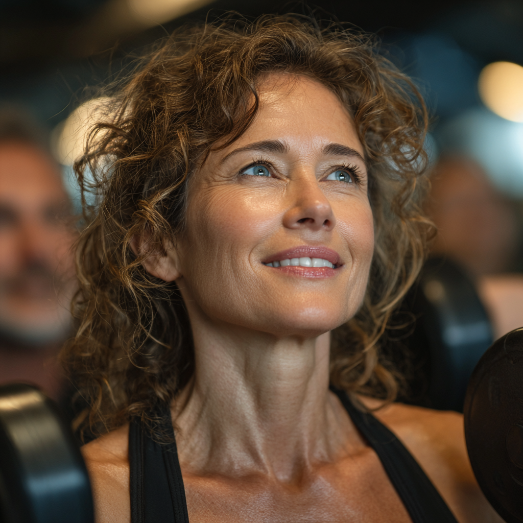 Femeie în vârstă de 55 de ani făcând exerciții cu greutăți în sala de fitness, zâmbind cu încredere