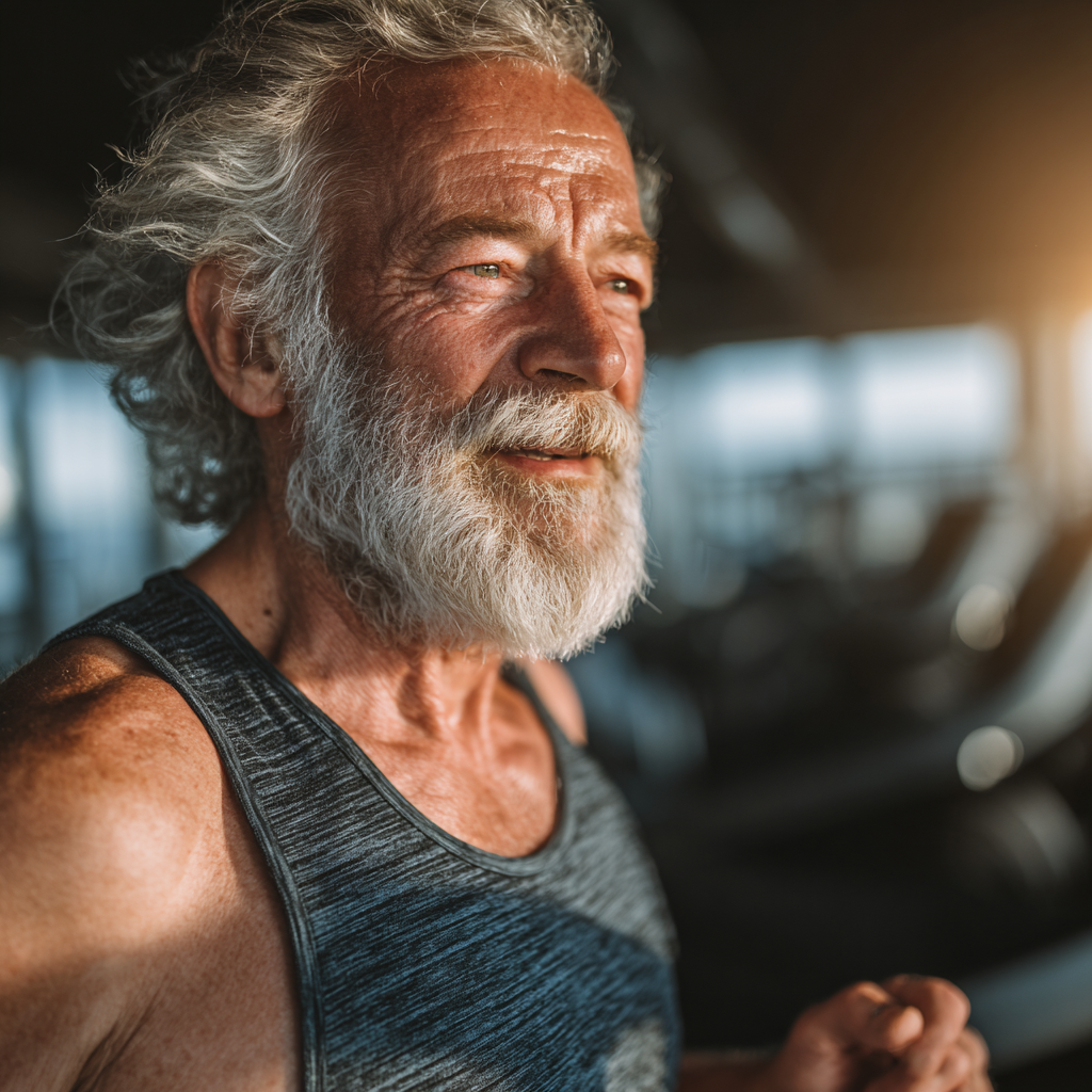 Bărbat de 60 de ani alergând pe banda de alergare cu energie și determinare