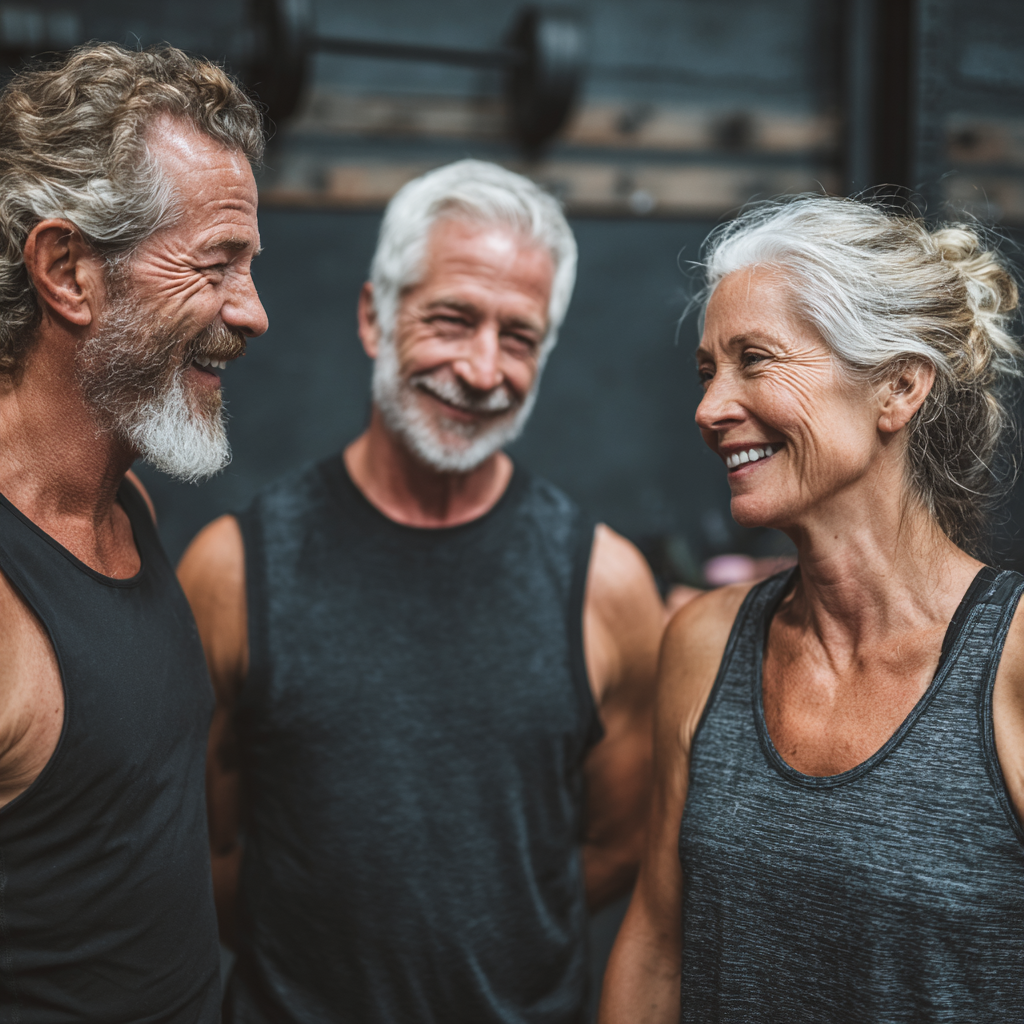Grup de persoane în vârstă de 50-60 ani în sala de fitness, motivându-se reciproc în timpul antrenamentului